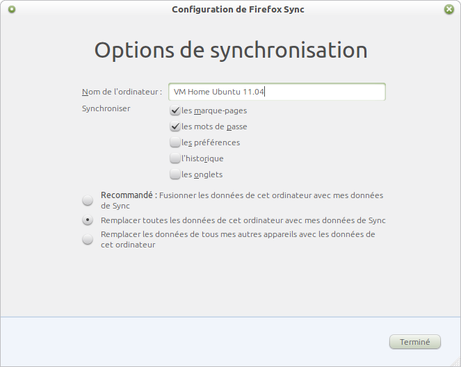 Options de configuration Sync
