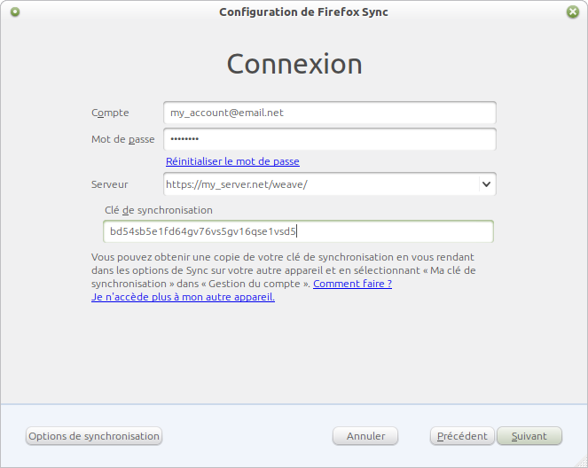 Paramètres de connexion Sync